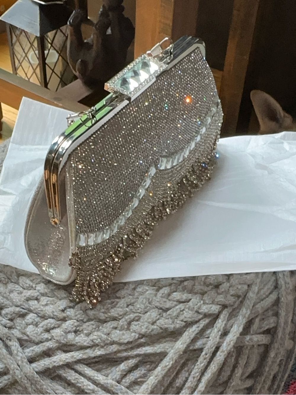 Silver crystal rhinestone Evening Clutch Handbag with Fringe - Picture 3 of 9